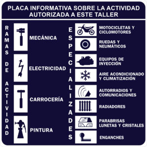 placa informativa sobre la actividad autorizada de taller